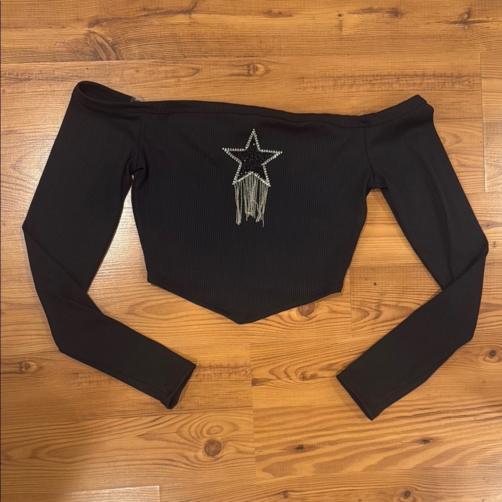 Black Off-Shoulder Top with Star Embellishment